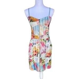 Artelier Nicole Miller Zip Front Mini Dress Size 6 Bright Tropical Bodycon GUC